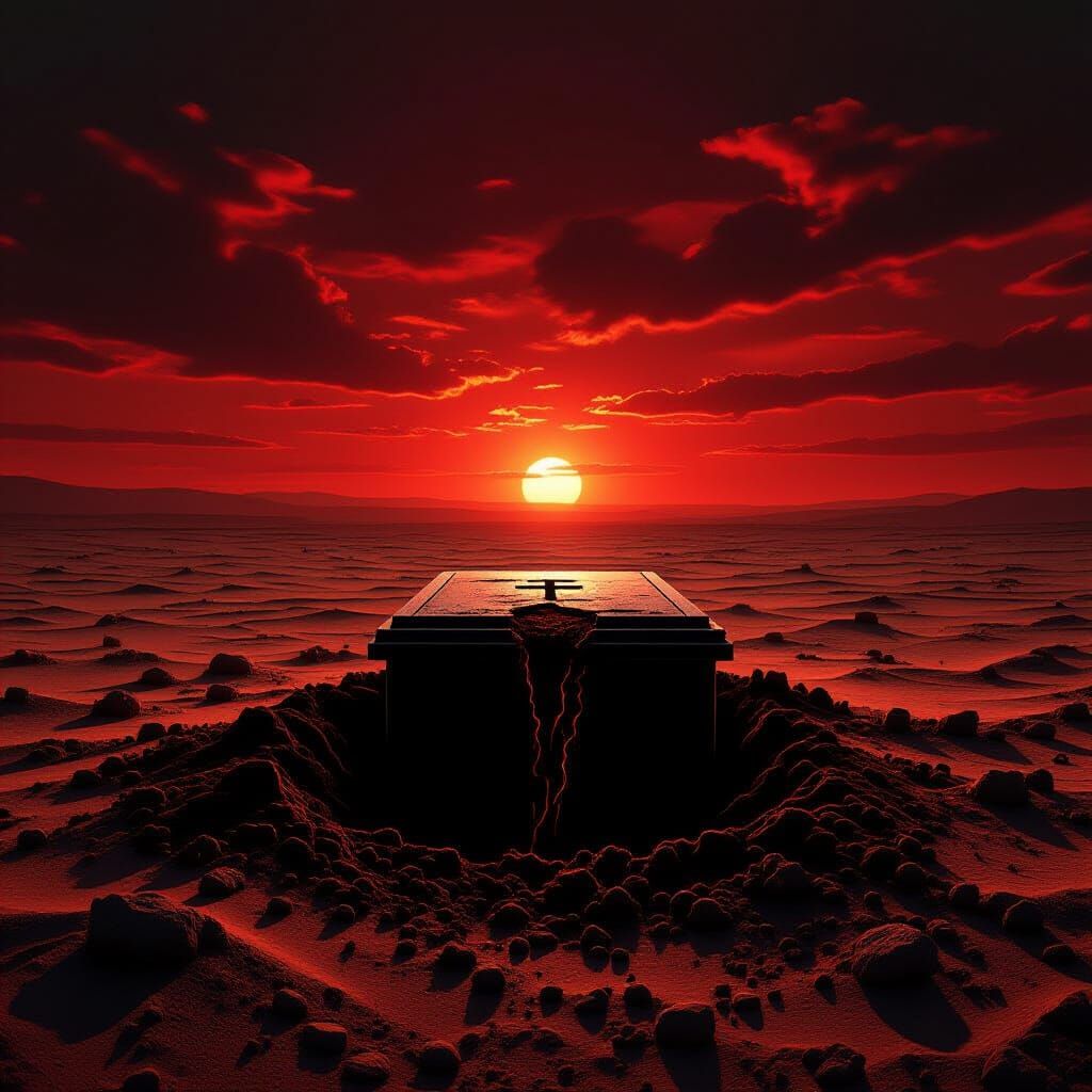 Desert Grave Sinking at Blood-Red Dusk