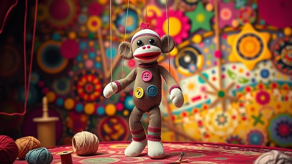 Sock Monkey Marionette Dances in Hyperrealistic Digital Art