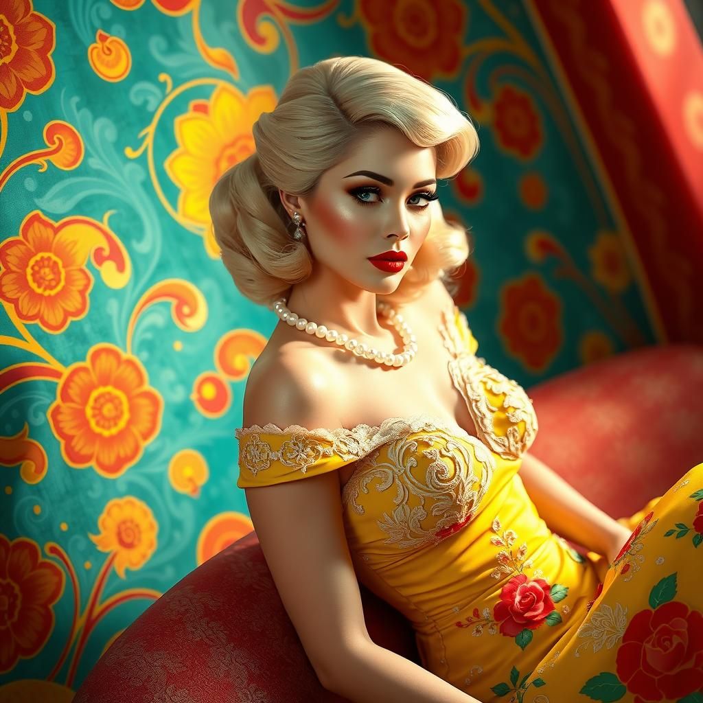 Glamorous 1950s Pin-Up in Art Nouveau Style