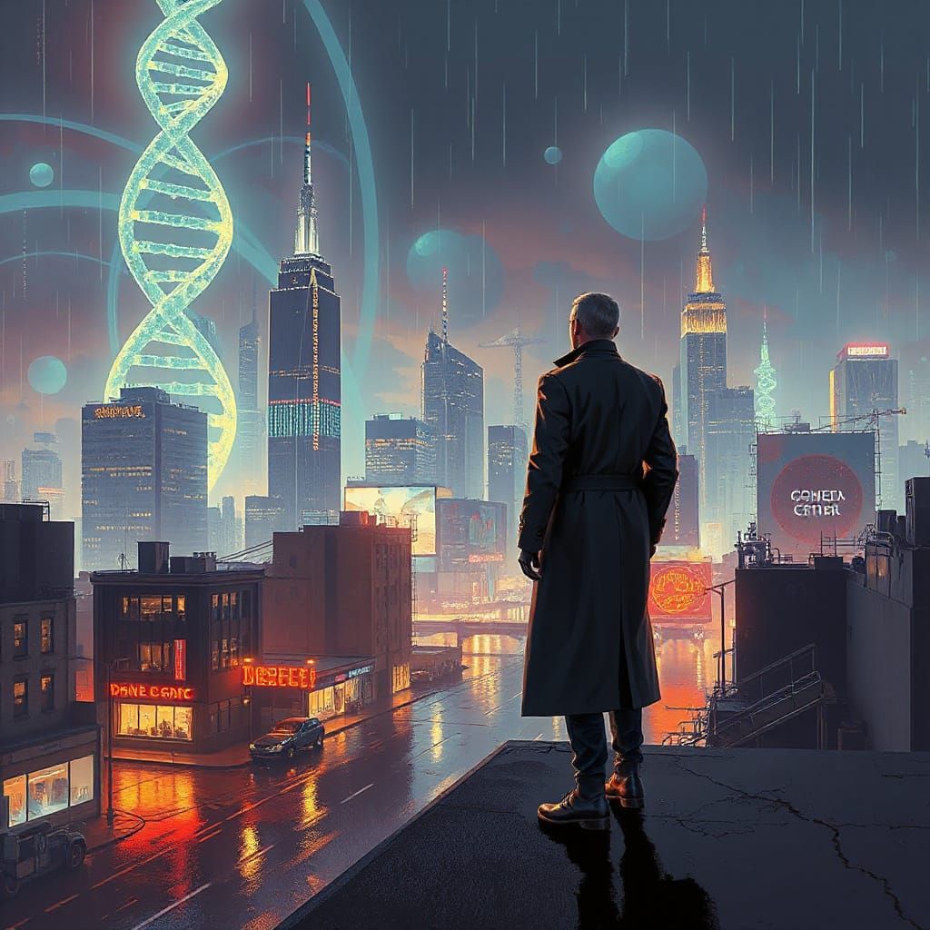 Cyberpunk Cityscape Inside an Atom at Twilight