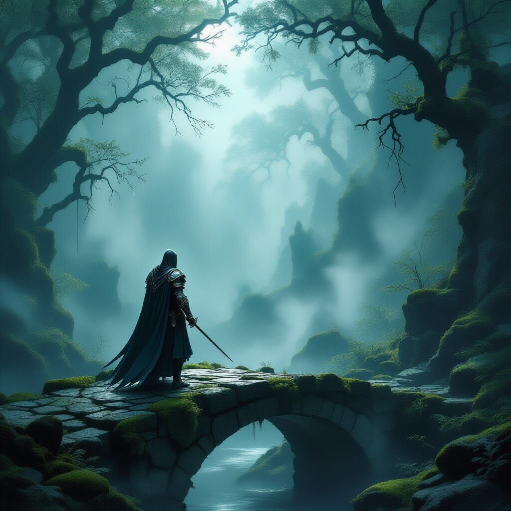 Knight in Foggy Forest, Dark Fantasy Concept Art