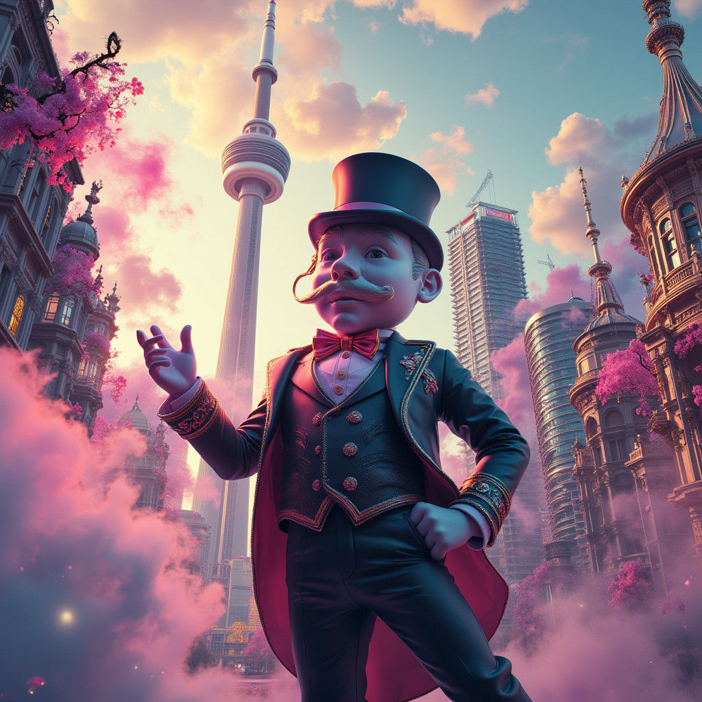 Mr. Monopoly in a Dreamlike Futuristic Cityscape