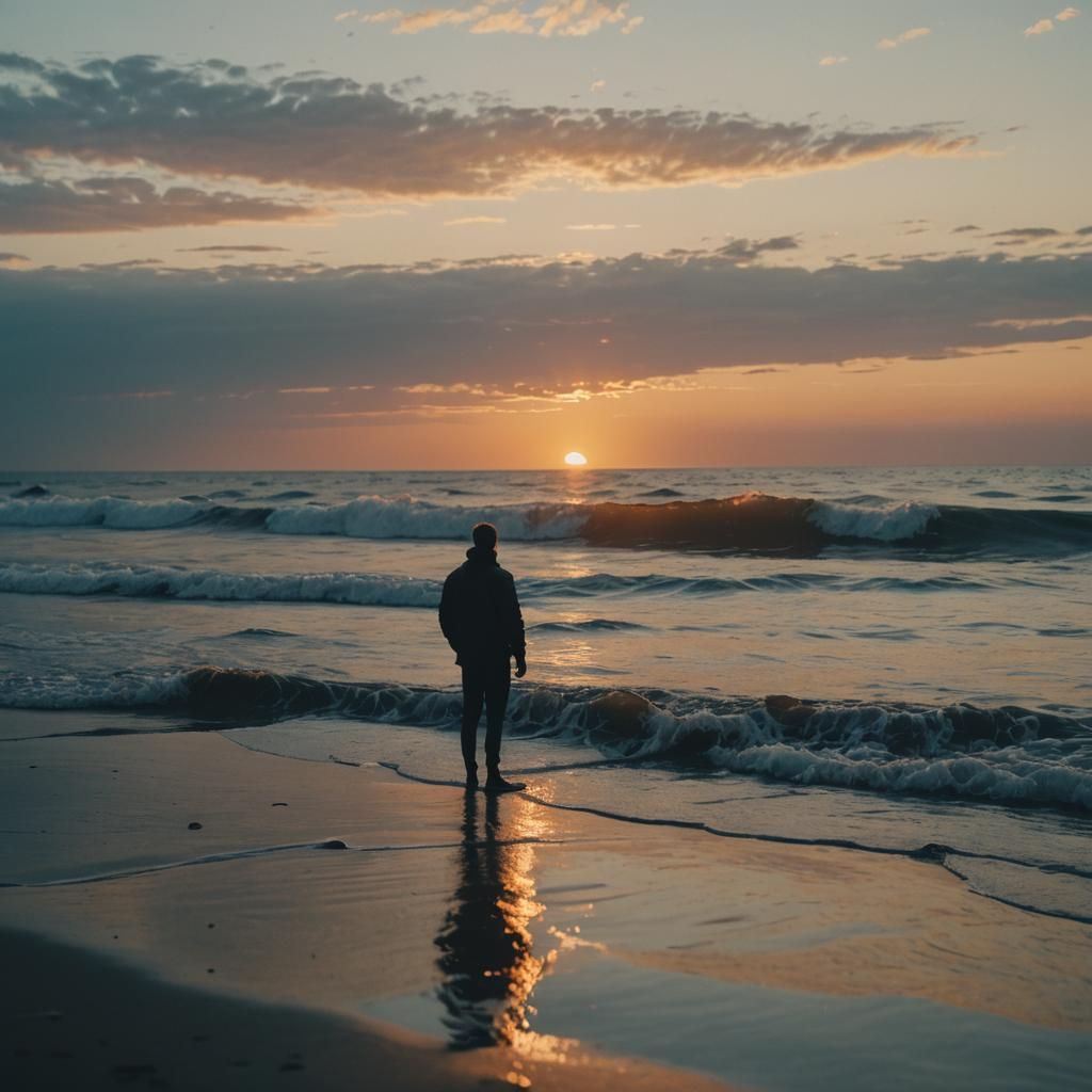Cinematic Sunset at the Beach with Lone Figure