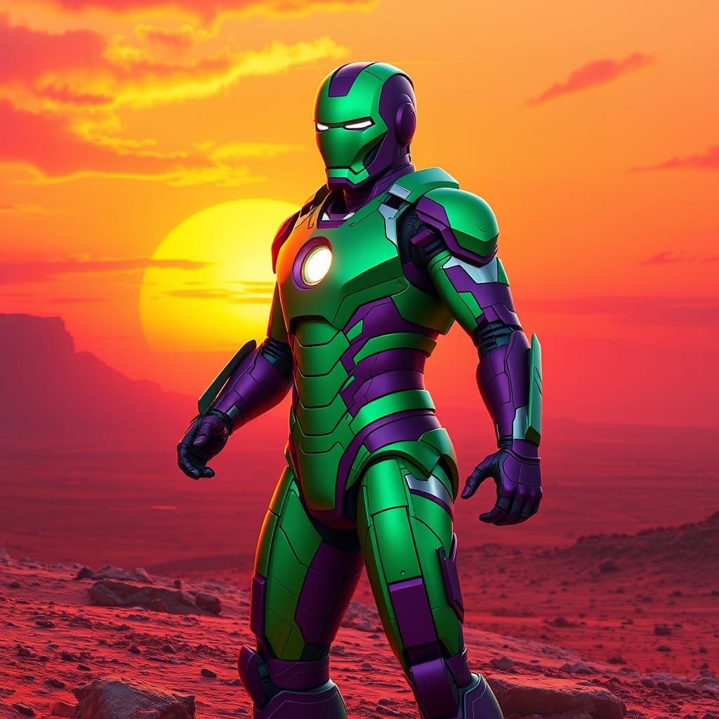 Iron Man in Emerald Green and Plum Purple Latex Suit Against...