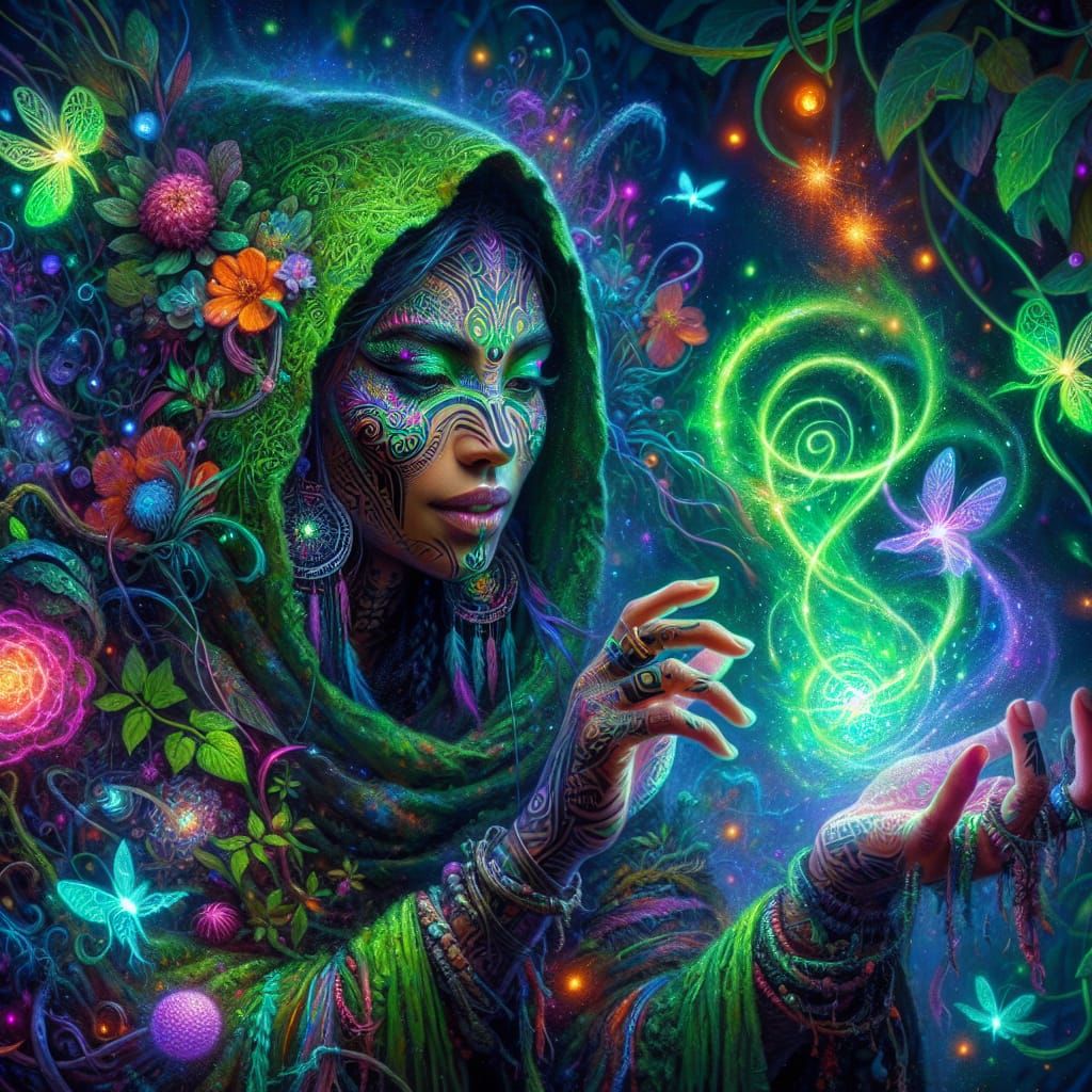 Mystical Latina Shaman Conjure Life Magic in Moonlit Forest