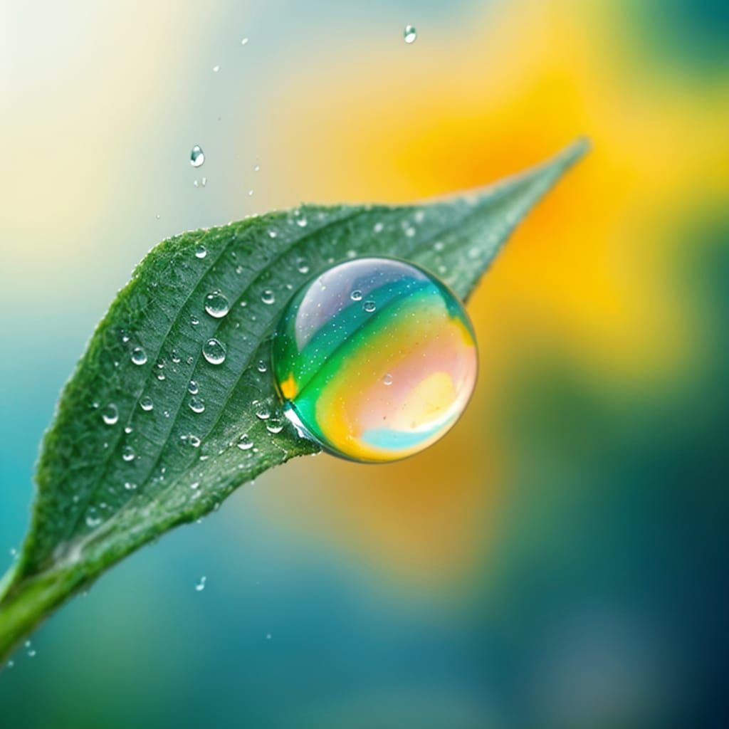 Dew-Covered Leaf with Rainbow Water Droplet