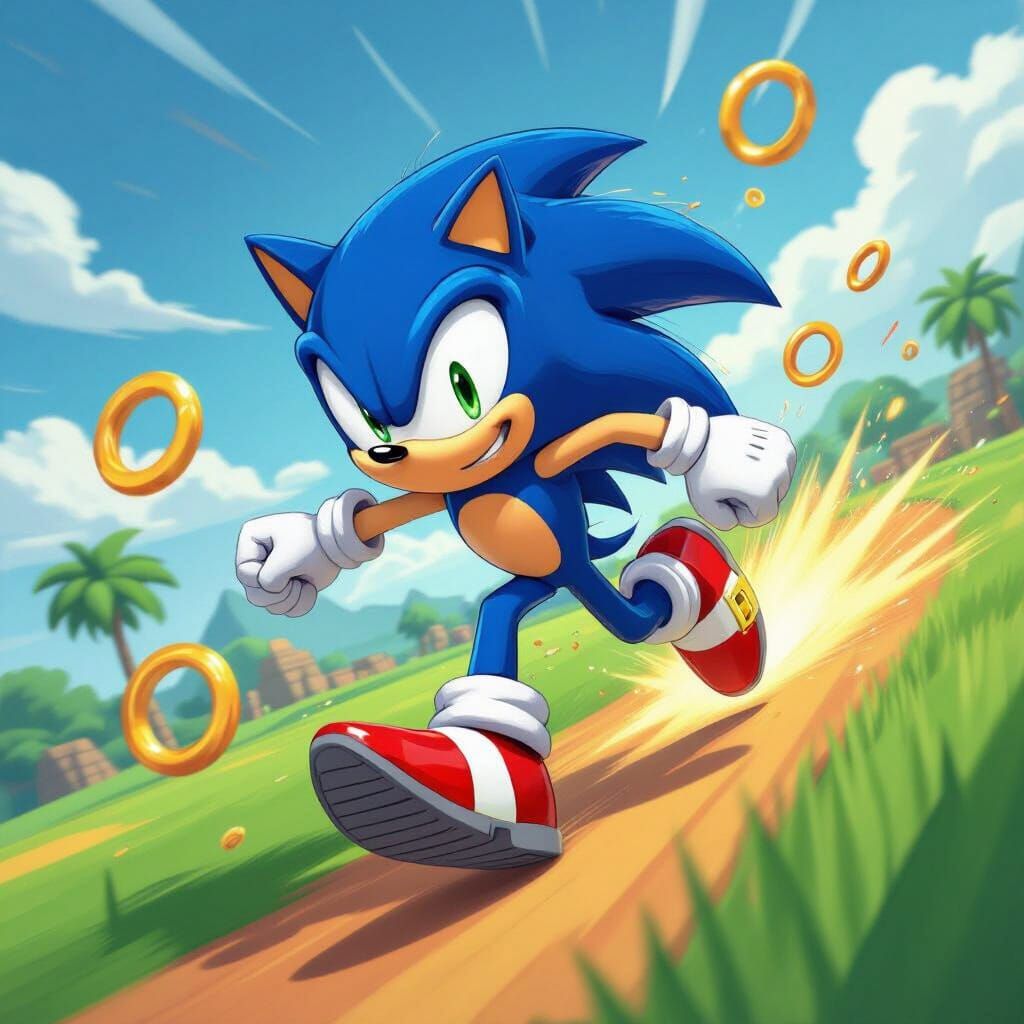 Sonic Running Through Green Hill Zone in Comic Style