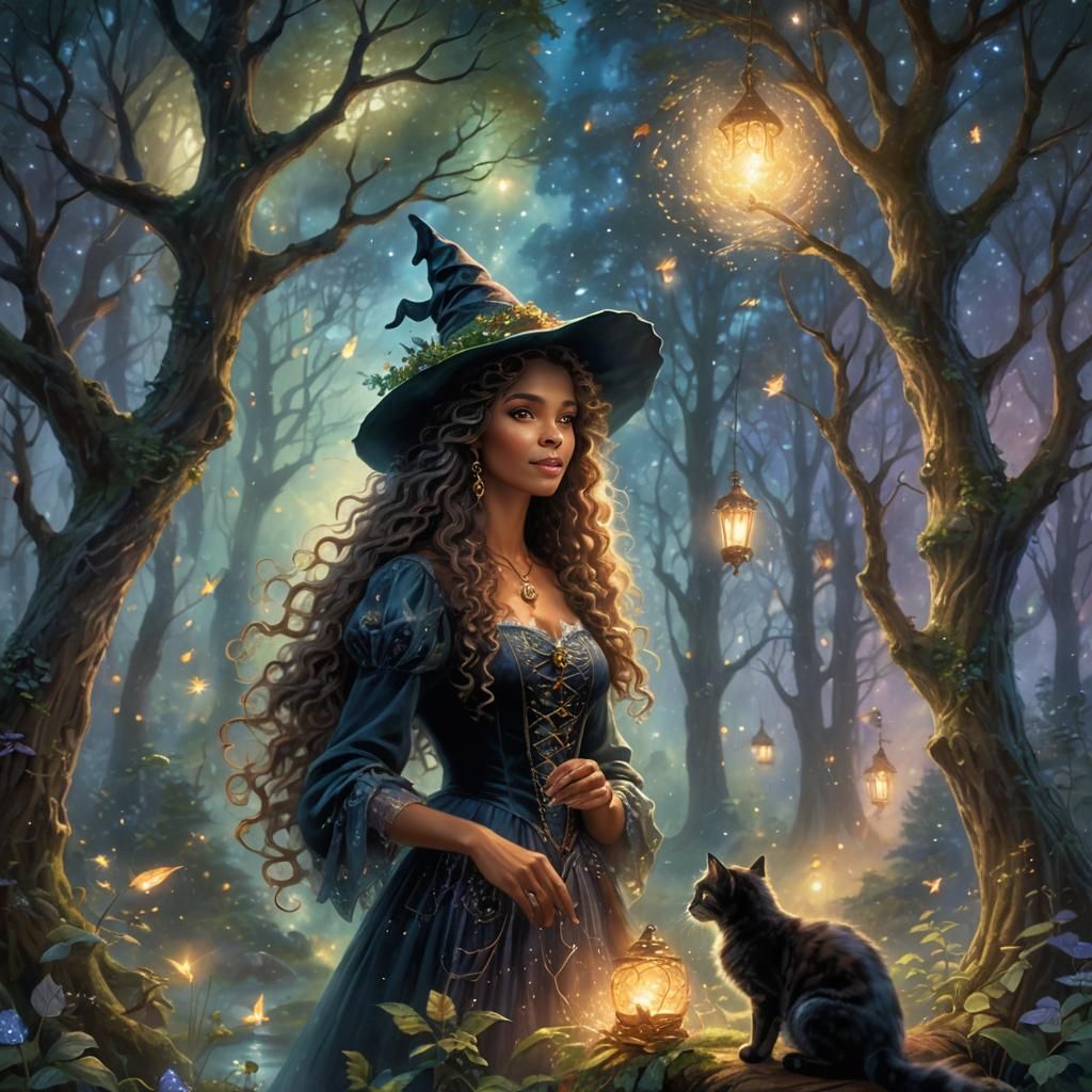 Enchanted Witch and Cat in Golden Hour Light