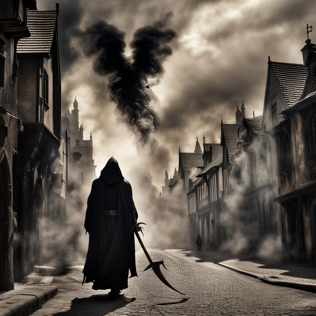 Terrifying Grim Reaper in Medieval Street Scene