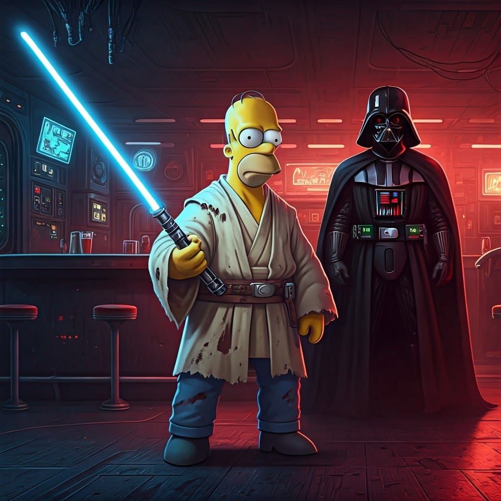 Homer Simpson, Jedi Hero in Smoky Bar, Lightsaber in Hand