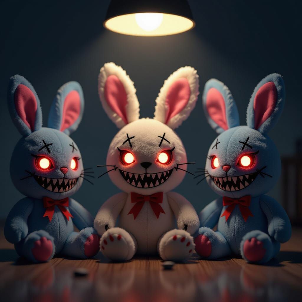 Plush Animals Plotting with Glowing Eyes and Sharp Teeth