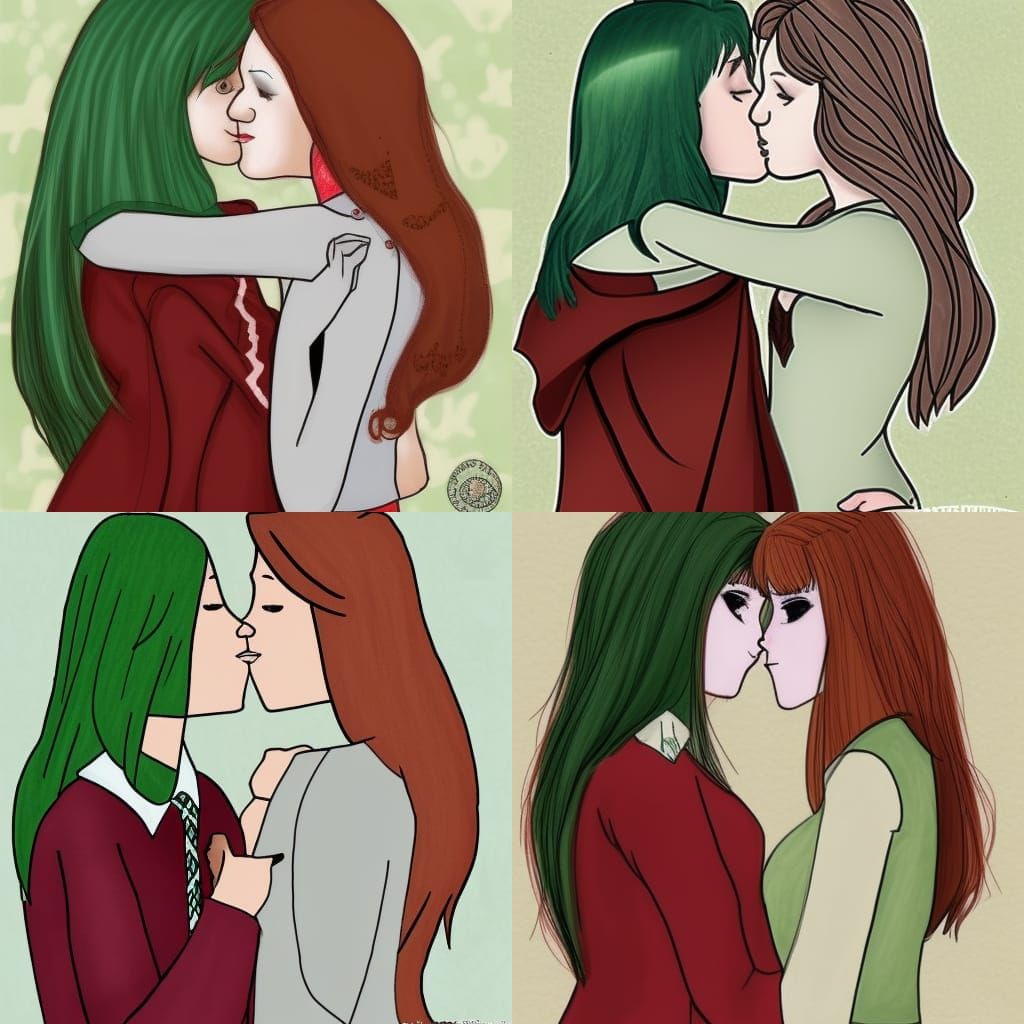 Cute Drawing of Slytherin Girl Kissing Gryffindor