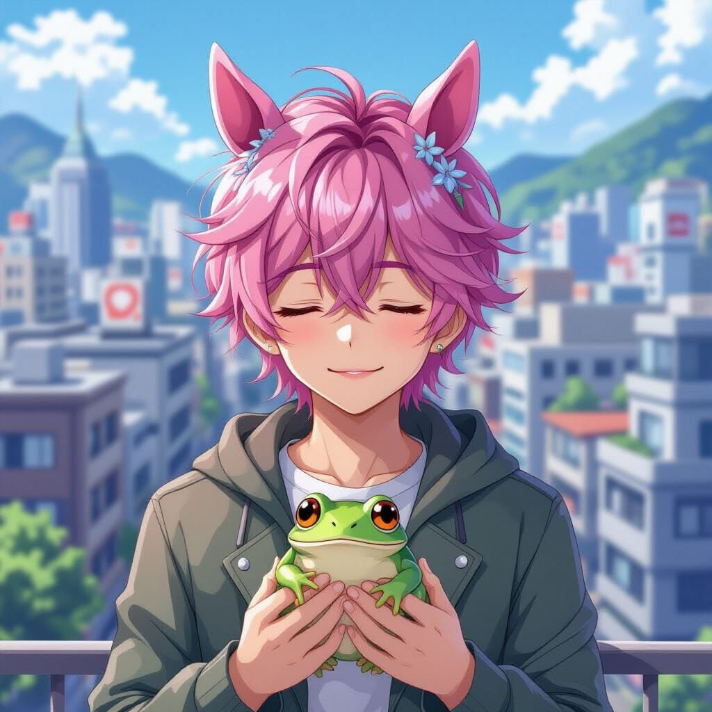 Mystical Anime Boy with Frog, Cel-Shaded Style