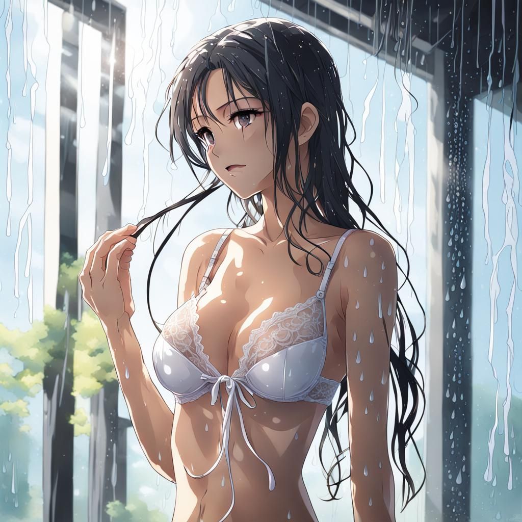 Anime Woman Tying Hair in Rain and Sunlight
