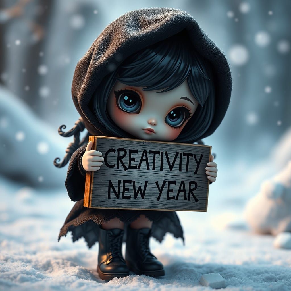 Chibi Gothic Doll Celebrates New Year in Snowy Wonderland