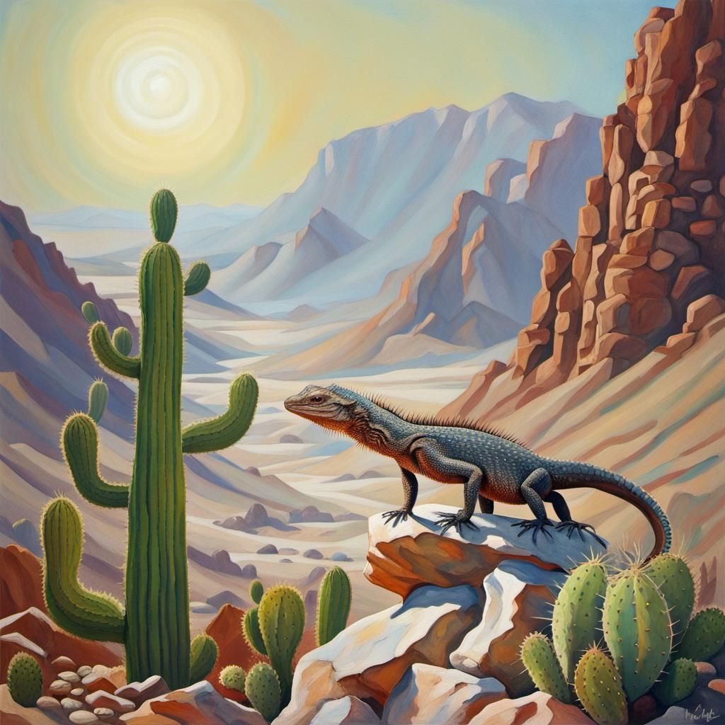 Desert Lizard on Cactus in Realistic Abstract Art
