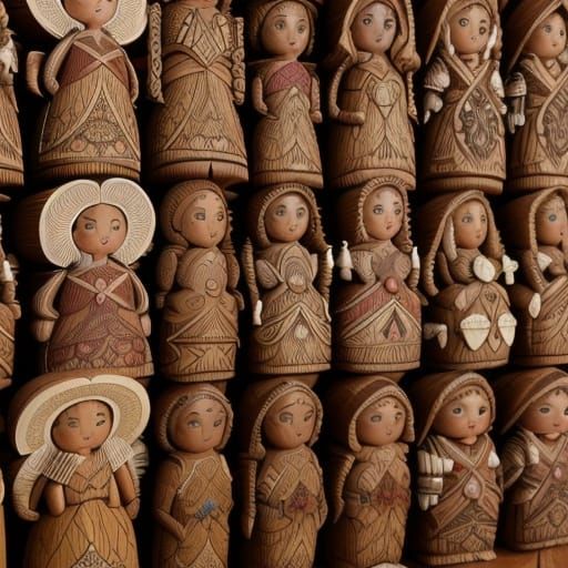 Whimsical Woodwork Wall of Wooden Dolls in Folk Art Style