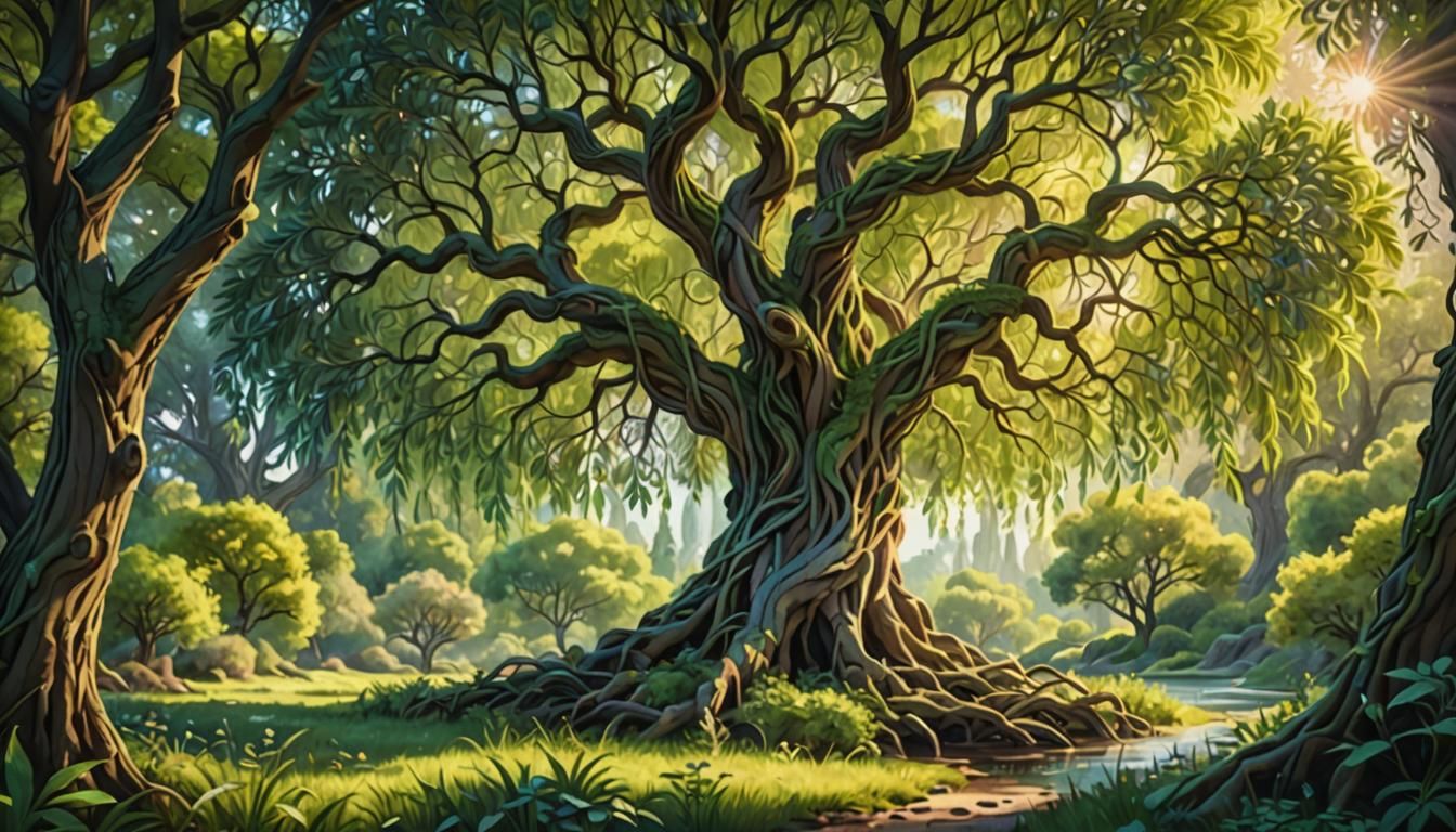 Mystical Willow Tree in Fantasy Landscape