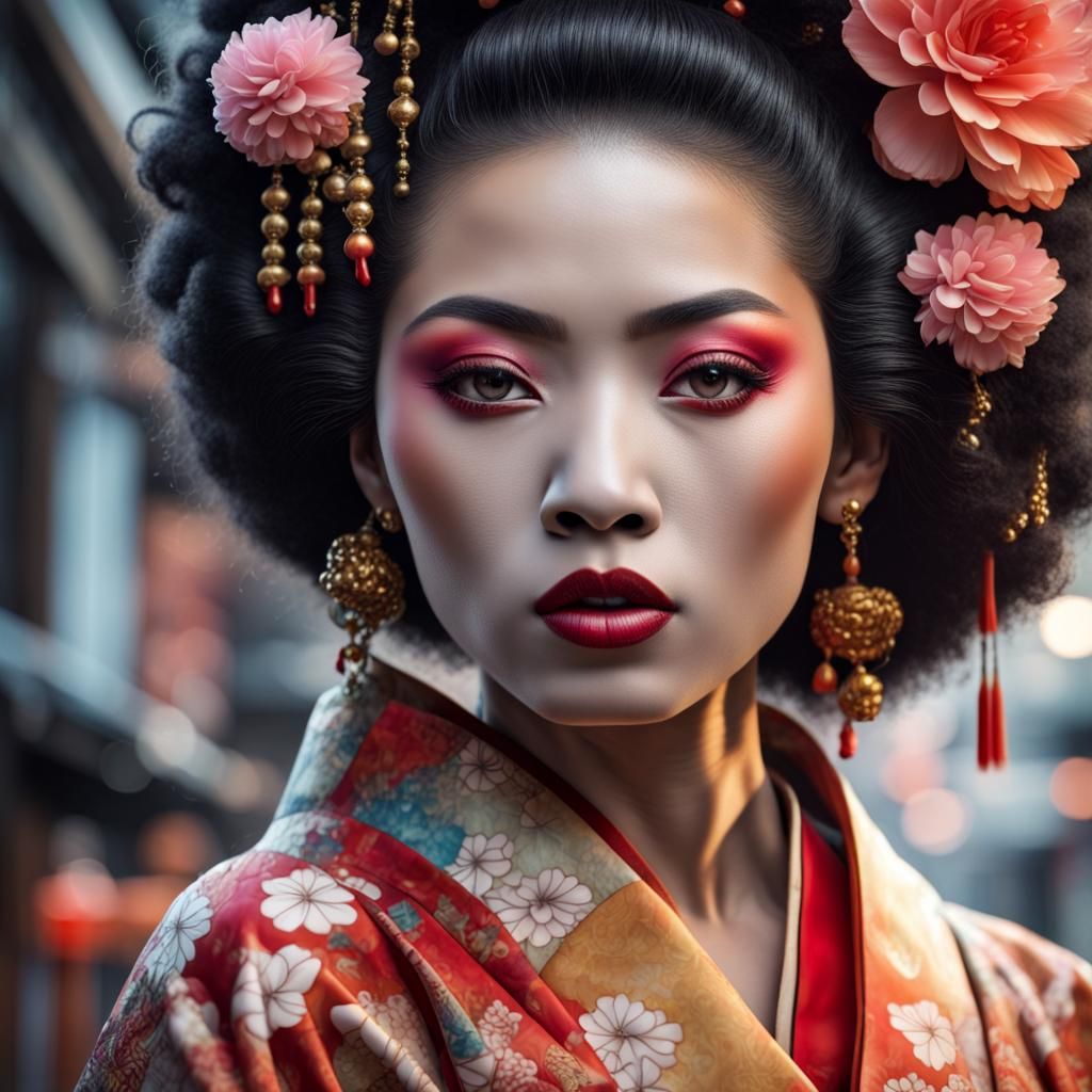 Exquisite Afro-Asian Geisha in Luxurious Attire