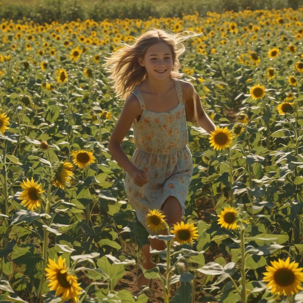 Girl in Sunflower Field: Warm Impressionism