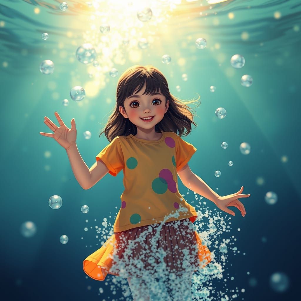 Girl Dancing in Sparkling Bubbles, Animated Fantasy Style