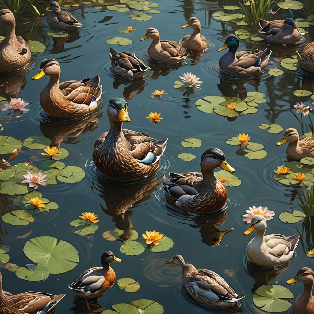 Detailed Duck Portrait in Pond, Splash Art Style