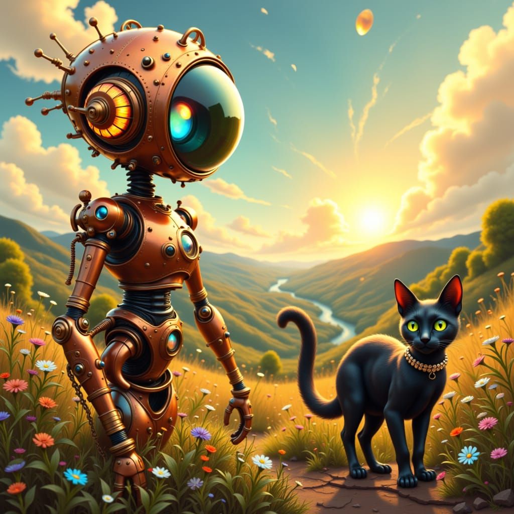Steampunk Robot in Surreal Landscape, Miyazaki-esque