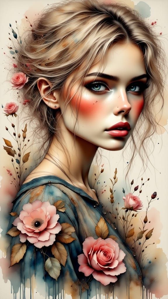 Gritty Portrait of a Fuller Woman in a Gritty, Watercolor St...