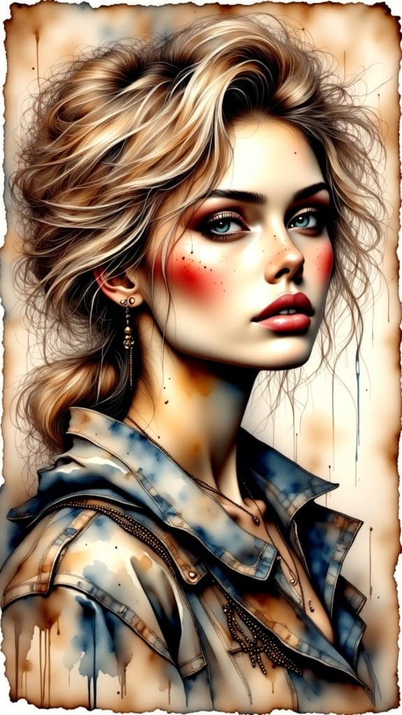 A Gritty Portrait of a Worn Beauty in Antique Watercolor Sty...