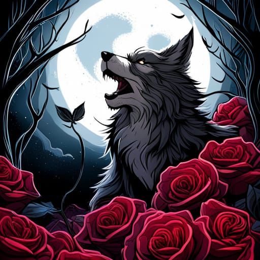 Gothic Horror Wolf Howling in Rose Garden