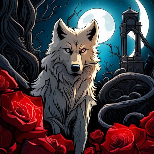 Gothic Horror Wolf in Crimson Rose Garden