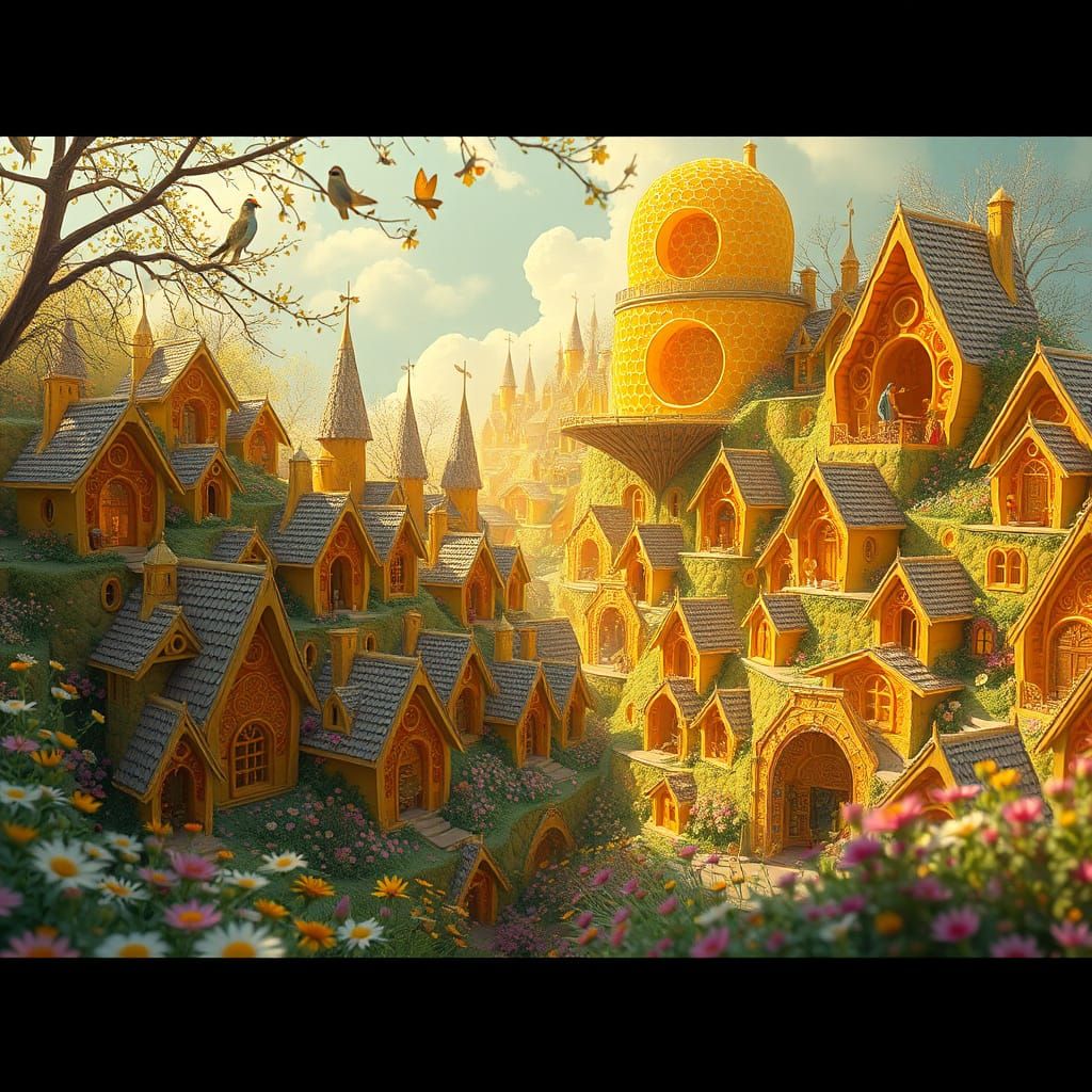 Surreal Honeycomb Cityscape in Vibrant, Sun-Kissed Wonder