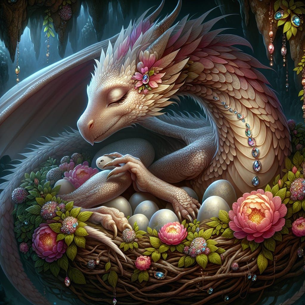 Gentle Mother Dragon Protecting Her Eggs