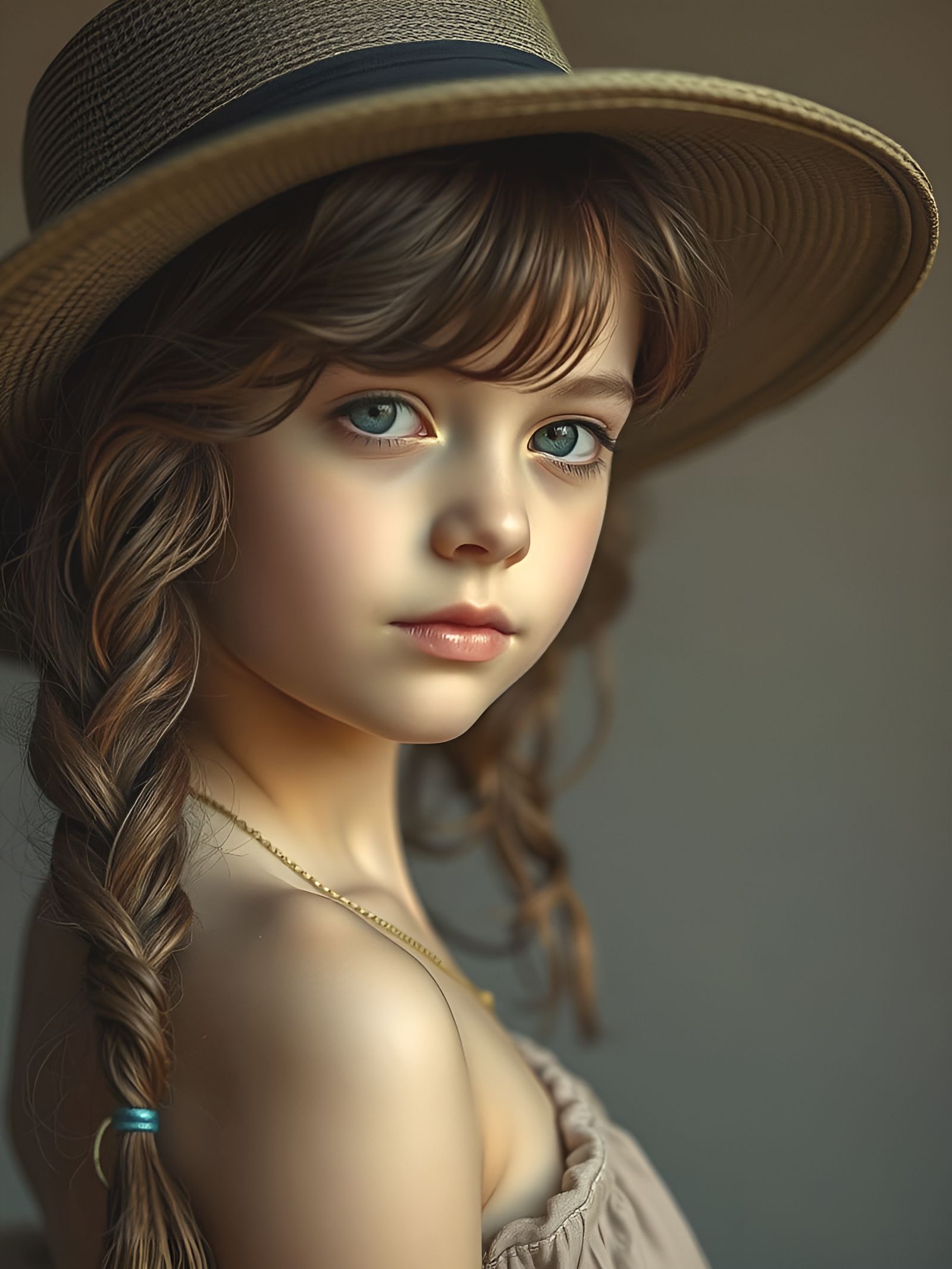 Hyperrealistic Portrait of a Young Girl in a Weathered Sun H...