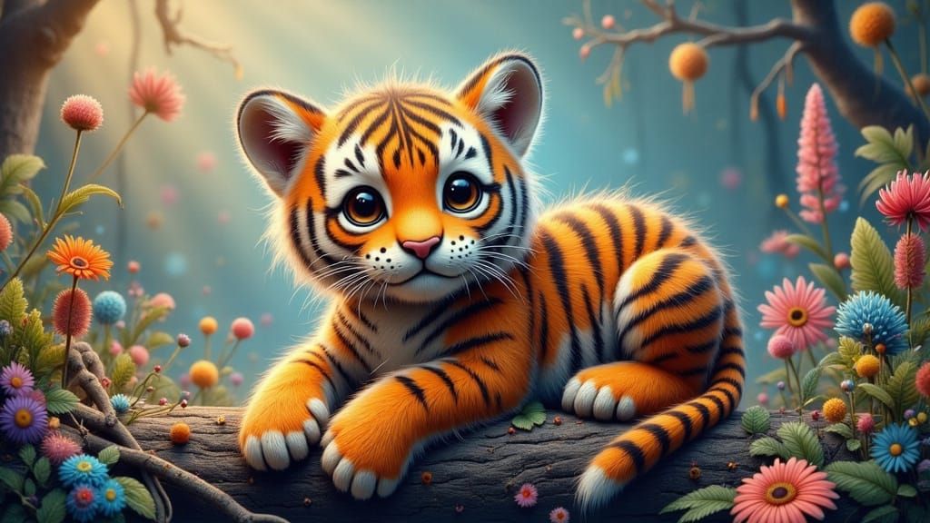 Steampunk Tiger Cub Adorns Jungle Scene with Vibrant Peacock...