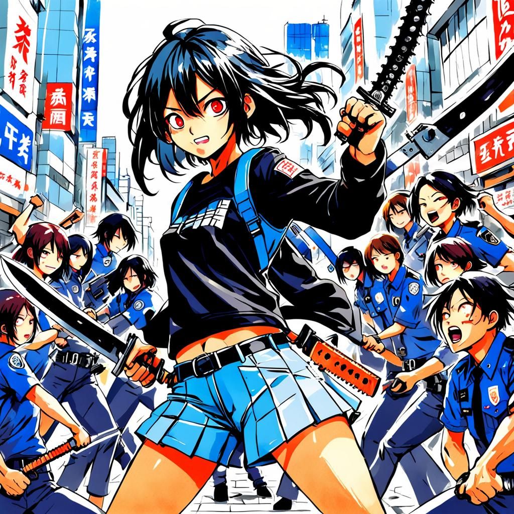 Japanese Schoolgirl Battles Police with Sword in Manga Style