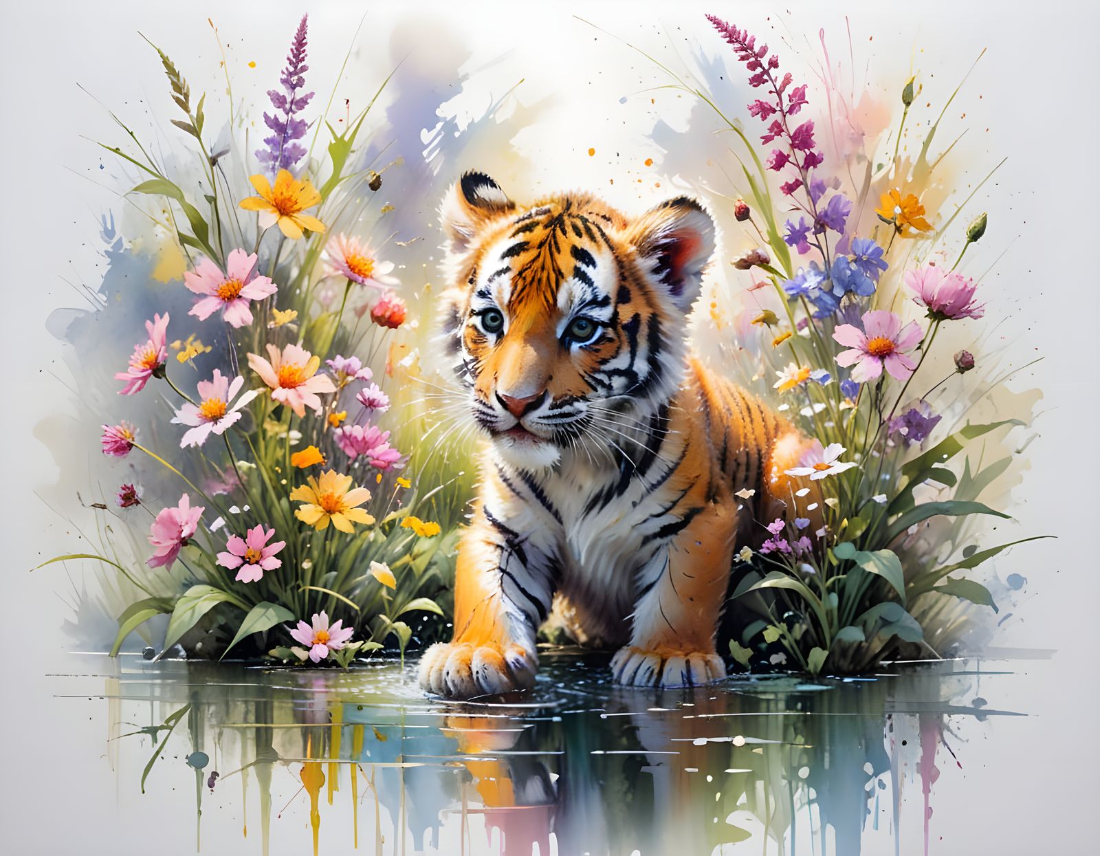 Playful Tiger Cub in Sunlit River Garden