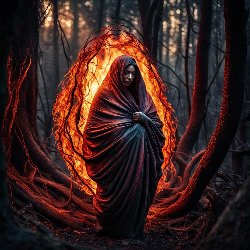 Fiery Cocoon in Mystical Forest, Surreal Biome