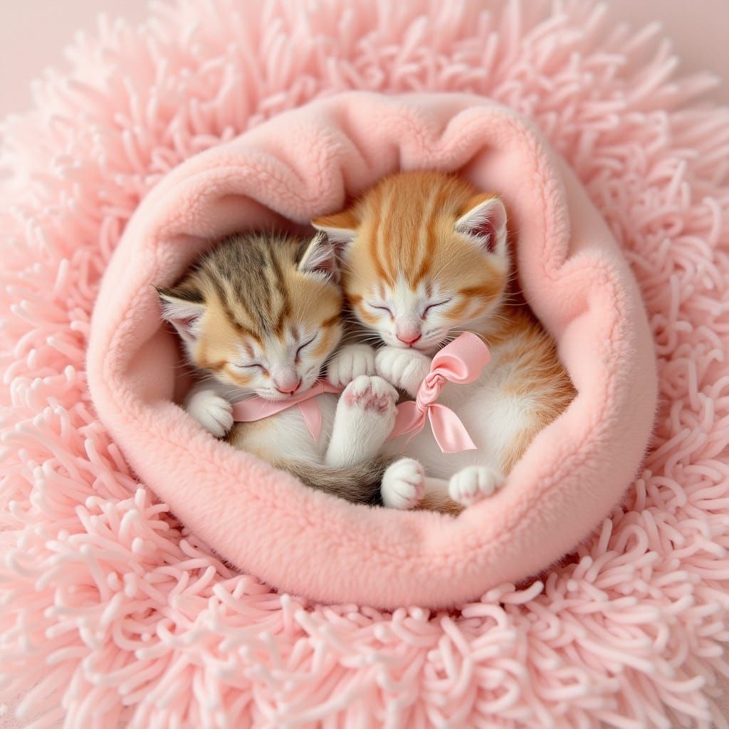 Baby Kittens Sleeping on Pink Rugs with Ribbons