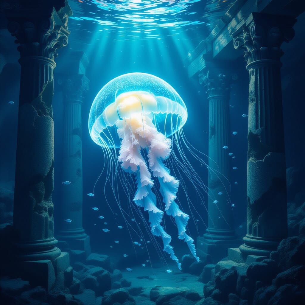 Bioluminescent Jellyfish in Ancient Underwater Ruins