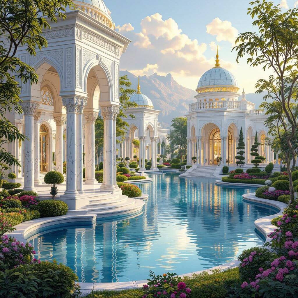 Ethereal Paradise With White Buildings and Blue Lakes