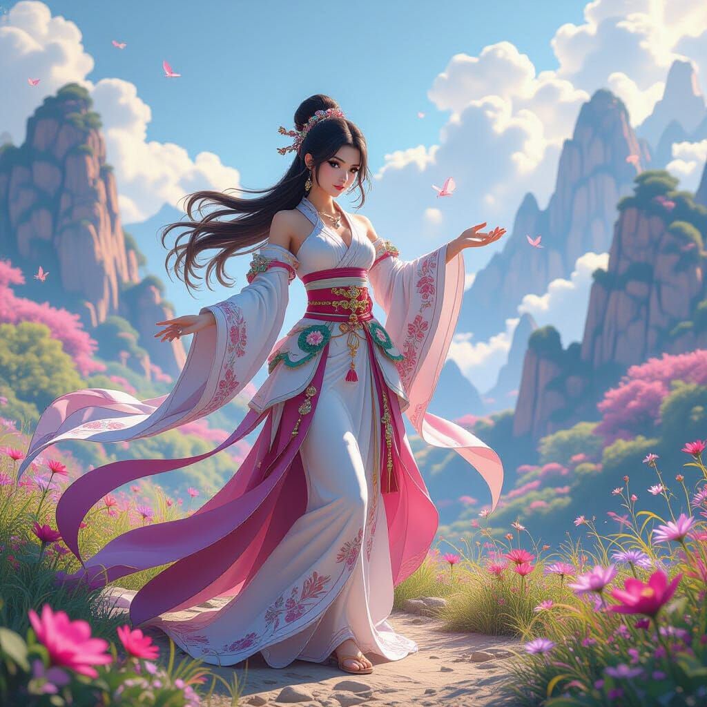 Anime Woman in Flowing Garments, Detailed 3D Render