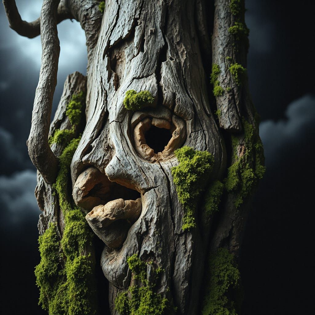 Moss-Covered Tree Trunk with Surprised Expression
