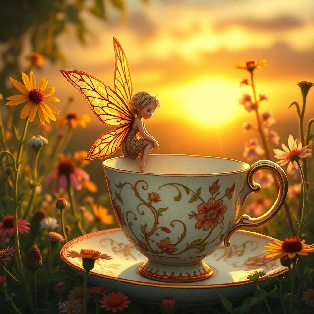 Floral Fairy on Teacup at Sunset in Whimsical Style