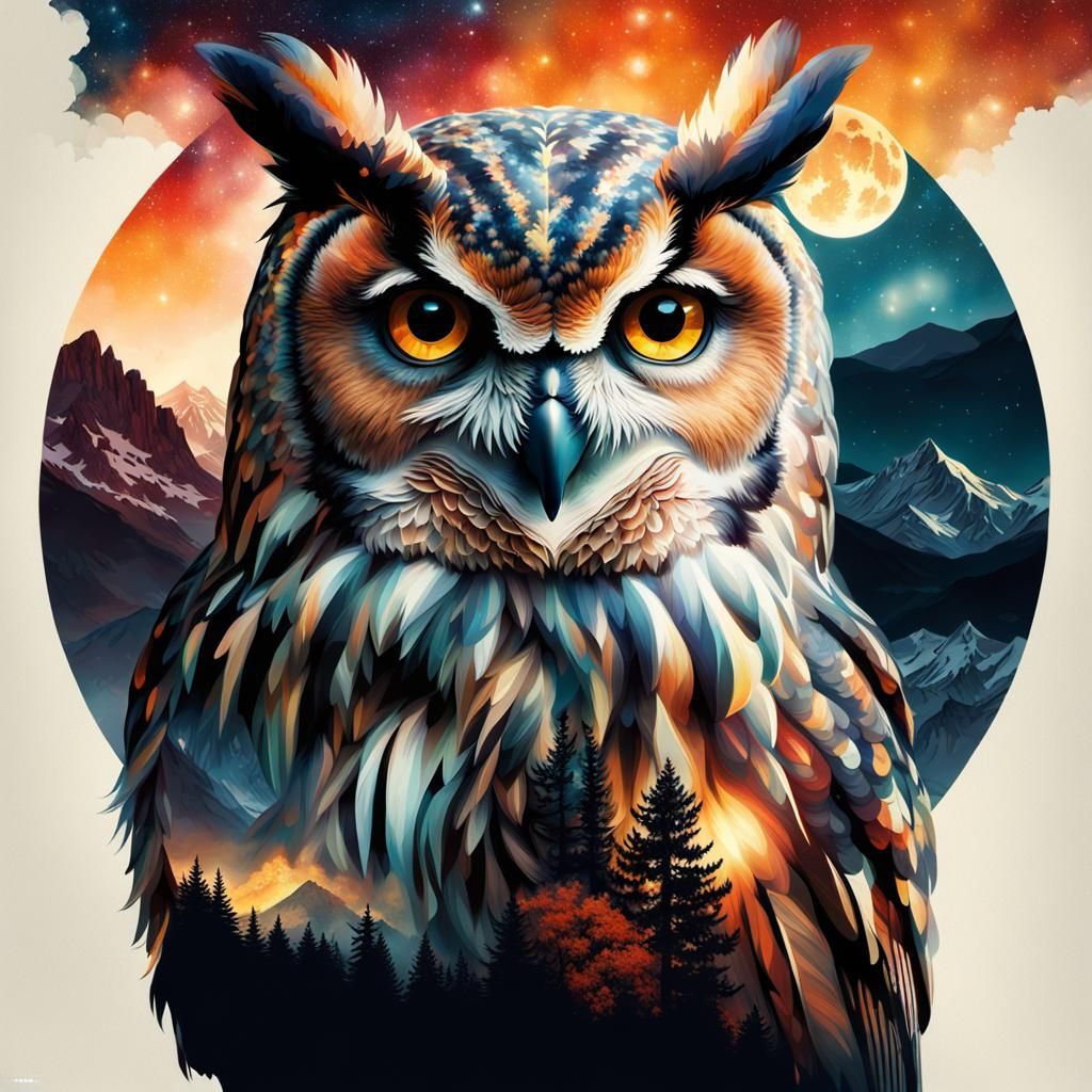 Cosmic Owl in Double Exposure Style