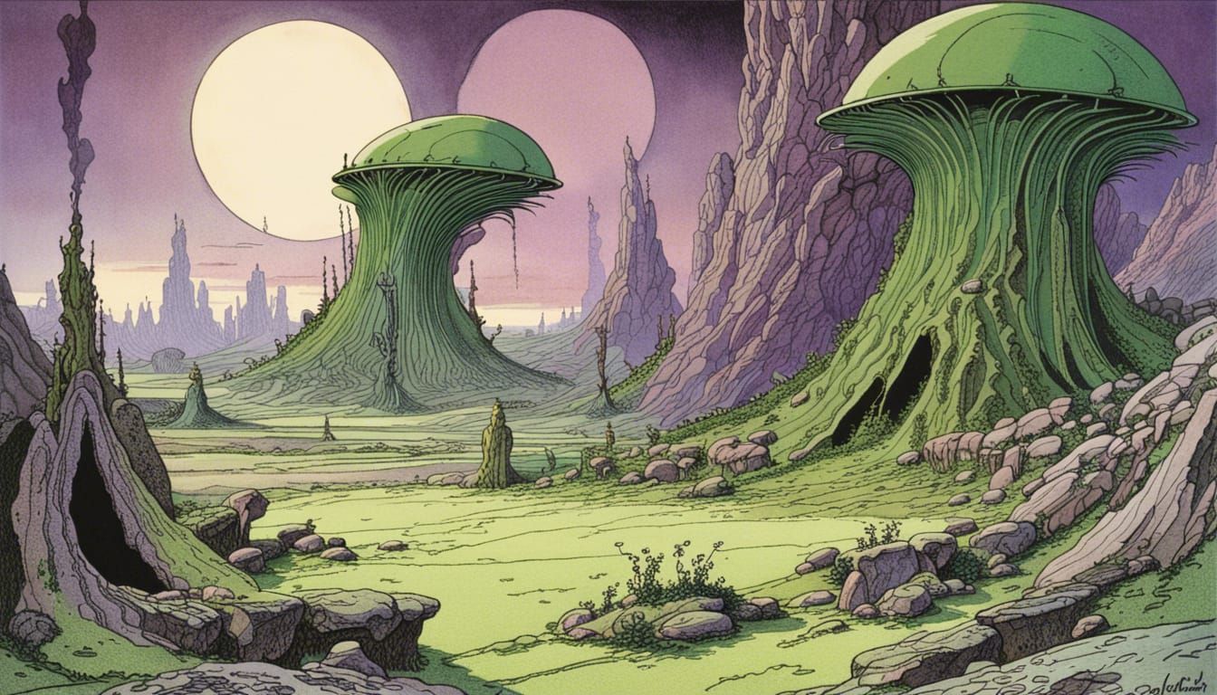 Alien Landscape with Volcano and Crashed Spaceship