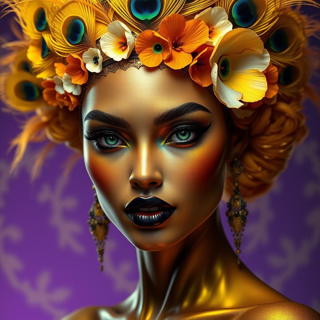 Golden Woman with Peacock Feathers, Fantasy Art