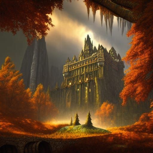 Fantasy Fortress in Autumnal Birch Forest