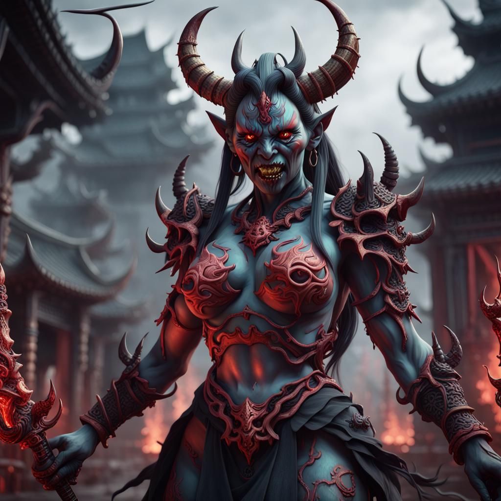Demonic Female Oni in Detailed Digital Art
