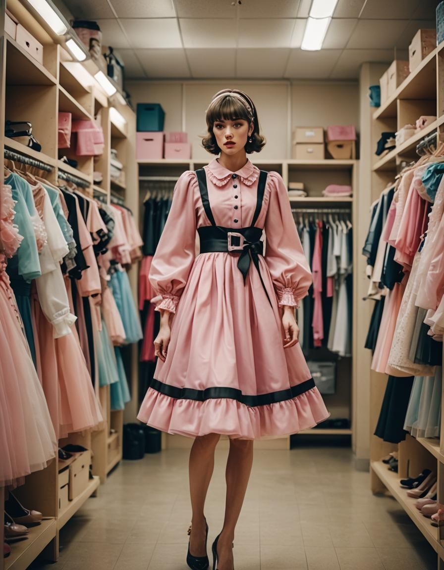 Surprised Boy Crossdressing in Fitting Room: Cinematic Still